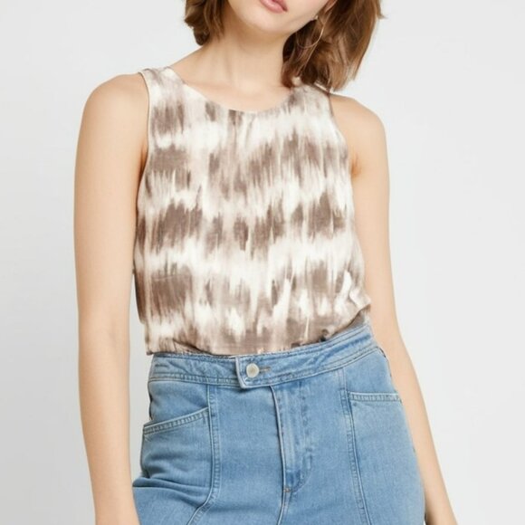 Chicos Neutral Earthtone Tan Taupe Ivory Cream Chevron Ikat Knit Tank Top 2 L - Picture 1 of 6